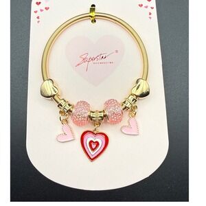 Gold Tone Heart Charm Bracelet Pink Enamel Rhinestone Beads